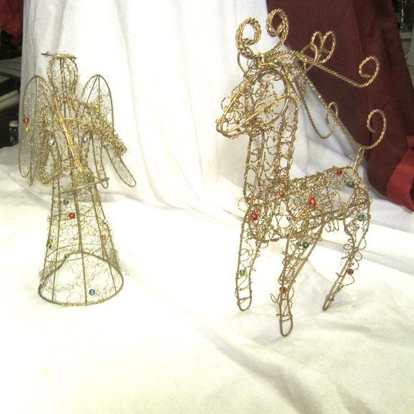 VTG PAIR OF WIRE SCULPTURE HOLIDAY DECOR, GOLD W/BEADS, ANGEL & REINDEER - Picture 1 of 5